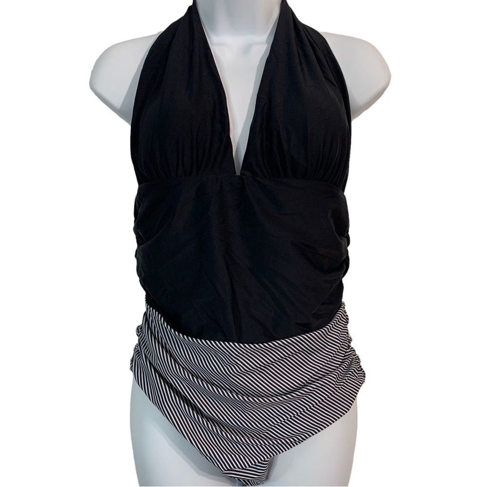BEACHSISSI Ruched Striped Halter Swimsuit Sz L